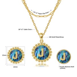AVECON Initial letter Necklace for Womens Layered Necklace 14K Gold Plated Initial Necklace Purple Abalone Shell Coin Pendant Paperclip Link Chain Necklace Anniversary Day Gift Letter J
