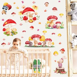 Nursery Wall Sticker Mushroom Wall Art Stickers Cute Rabbit Bear Wall Decals for Kid Baby Room Decor Cartoon Animal Wall Stickers Removable Flower Bunny Decal for Bedroom Playroom Living Room
