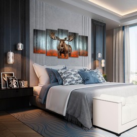 KREATIVE ARTS Rustic Wildlife Moose Canvas Wall Art 5 Piece Elk Deer in Foggy Forest Print Set Vintage Framed Artwork for Living Room, Bedroom, Cabin Decor 60x32 inches