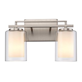 TRANS GLOBE 22482 BN I Lisbon Collection 14 Inch Two-Light Bathroom Vanity - in a Brushed Nickel Finish | Metal Housing I Clear & Frosted Shades I Modern Contemporary Light Fixture |