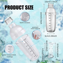 TANEMUDO 12 Pcs Plastic Cocktail Shaker with Scales and Strainer Top, Clear Drink Mixer Cup with Measurements for Tea, Coffee, Boba, and Milk, with 6 Cocktail Measuring Jiggers(700 Cc/ 24 oz)