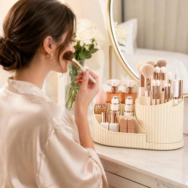 360° Rotating Makeup Organizer with Brush Holder – Large Vanity