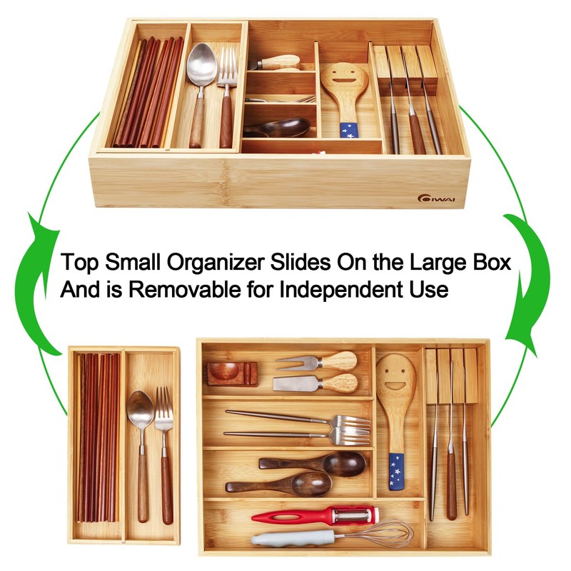 COIWAI Double Layer Bamboo Kitchen Drawer Organizer Cutlery Utensil Silverware