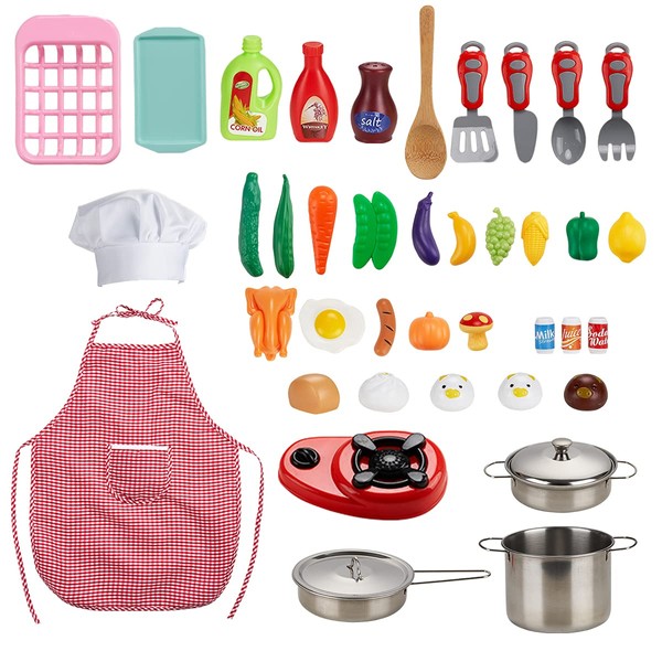 Locisne 42 PCS Children Kitchen Playsets, Mini Colorful Food Toys Kits - Cooking & Baking Set with Stainless Steel Cookware Pots and Pans Set, Apron & Chef Hat, Cutting Play Vegetables