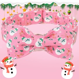 DOGWONG Christmas Dog Collar Bow Adjustable Girl Pink Dog Collar Bow Tie Cute Christmas Snowman Dog Collar for Small Medium Large Dogs