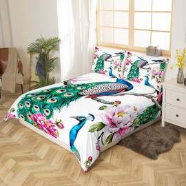 Castle Fairy - Juego de funda de edredón de pavo real colorido de tamaño individual, juego de 2 piezas para decoración de habitación de niños, funda de edredón de flores rosadas y moradas, funda de