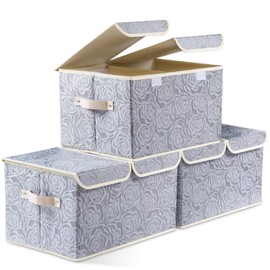 Prandom Large Foldable Storage Bins with Lids Fabric Decorative Storage Box Cubes Organizer Containers Baskets with Cover Handles Removable Divider for Home Bedroom Closet 17.3x11.8x9.8 Inch 3 Pack