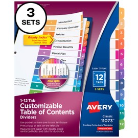 Avery 12-Tab Dividers for 3 Ring Binders, Customizable Table of Contents, Multicolor Tabs, 3 Sets (11073)