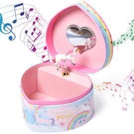 Jewelkeeper Music Jewelry Box for Girls - Sturdy Plastic with Fancy Mirror Twirling Unicorn Figurine and Flocked Lining - Kids Jewelry Box for Secrets and Keepsakes - Heart Shaped Unicorn Print