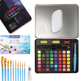 2025 Nuevo modelo Pintura de Acuarelas, Set de 48 Colores, y Acuarela Profesional de Gouache con Pincel de Agua, Lápices, Pinceles, Papel etc, Bolsa de Terciopelo Set Acuarela con Caja Metálica