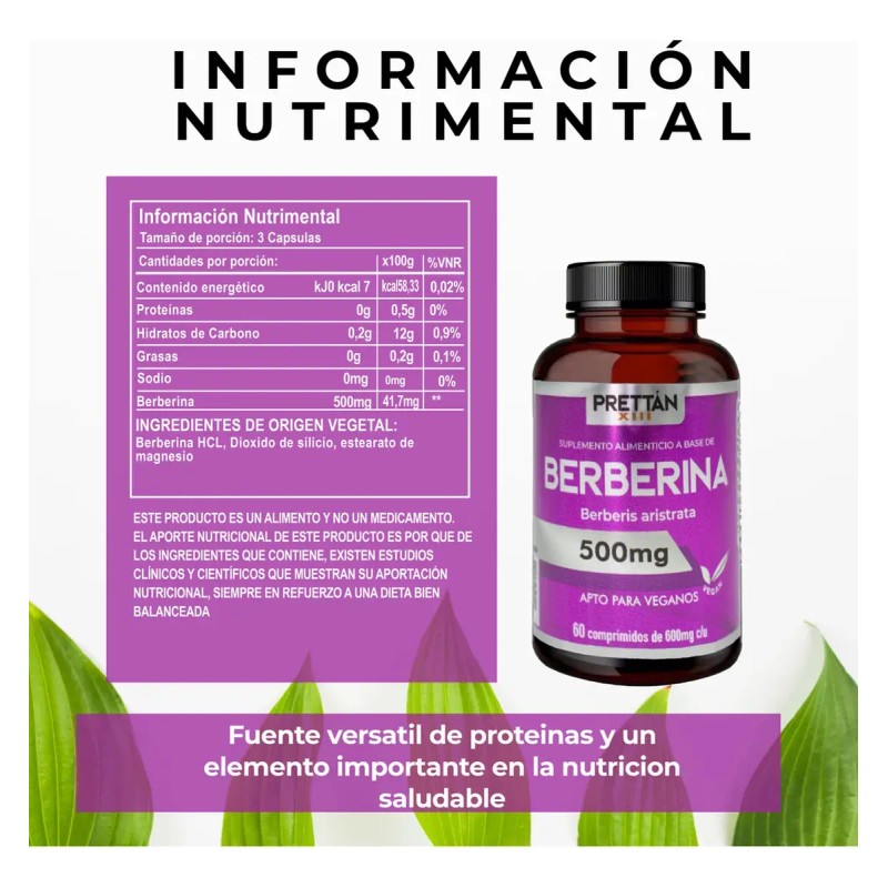 Berberina Prettan Suplemento Nivelador De Azúcar 500mg Berberina