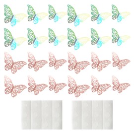 24Pcs 3D Butterfly Wall Stickers 3 Sizes,Rose Gold 3D Butterfly Wall Decals,Wall Stickers Art Decor Crafts,Butterfly Wall Decals for Bedroom Party Wedding(Color:Rose Gold+Silver with Rainbow Effect)