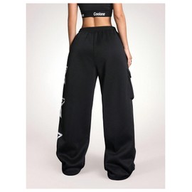 BEAUDRM Women's Baggy Sweatpants Y2k Star Drawstring Elastic Waist Fleece Lined Athletic Baggy Pants with Flap Pocket Black X-Small