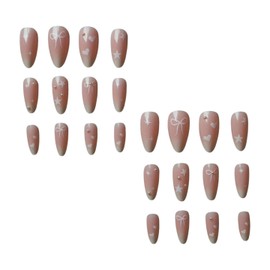 Summer White Press on Nails 3D Acrylic Nails Long Almond Fake Nails Star Gradient French False Nails Bow Design Glue on Nails Full Cover Stick on Nails for Women Girls Manicure 24PCS