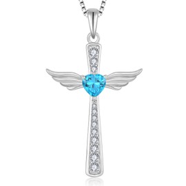 FYNSBLE Cross Necklace for Women Sterling Silver Guardian Angel Wings Pendant Heart Aquamarine March Birthstone Necklace Jewelry for Women Mother Her