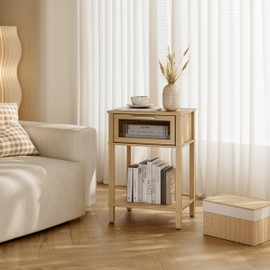 Nightstand Wooden Bedside Table with Drawer Natural Wood Night Stands Modern Style Small End Table Side Table with Storage Shelf for Bedroom Living Room MLBZ10YEV