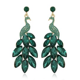 BSLVWG Vintage Peacock Dangle Earrings for Women Girls Boho 14K Gold Plated Green Crystal Feather Peacock Statement Drop Dangling Stud Earring Exaggerated Birthday Holiday Jewellery Gifts, Alloy Steel