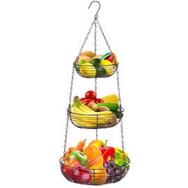 Home Intuition 3-Tier Hanging Fruit Produce Basket Heavy Duty Wire with 2 Metal Ceiling Hooks, Round, Bronze