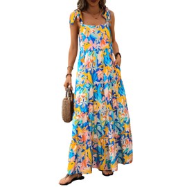 PRETTYGARDEN Summer Dresses for Women 2024 Sleeveless Spaghetti Strap Long Floral Maxi Dress Boho A Line Beach Sundresses(Multicolored Blue,Small)