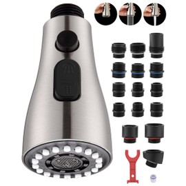 Kitchen Faucet Head Replacement with 15 Adapters - 3 Functions Pull Down Spray Head for Kitchen Faucet, Pull Out Faucet Sprayer Head Nozzle, Kitchen Sink Faucet Sprayer Head Parts, Brushed Nickel