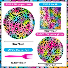 K1tpde Iridescent Rainbow Leopard Tableware - 96PCS Cheetah Neon Theme Leopard Print Tableware Set Included Paper Plates Napkins and Forks, Safari Animal Birthday Party Supplies for Adult, 24 Set