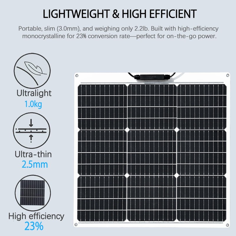 Flexible Solar Panel 50W 12V Monocrystalline Module Fiberglass Lightweight Charge