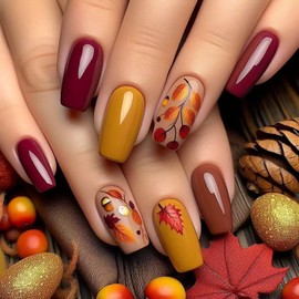 Tyuimhx Fall Maple Leaf Press on Nails Short Square Fake Nails with Pinecone Design Autumn Brown False Nails Thanksgiving Maple Leaves Stick on Nail for Women 24 Pcs