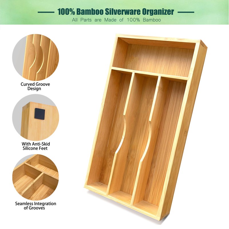guiogc Bamboo Kitchen Drawer Silverware Organizer, 7 Inch Silverware Utensils