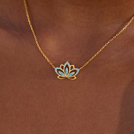 STORYJEWELLERY Gold Necklace for Women, Brass Lotus Flower Pendant Necklace, Blue Charm Necklace for Women, Dainty Gold Necklaces Non Tarnish, Gifts for Birthday Graduation Retirement