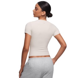 CRZ YOGA Softembrace Short Sleeve Going Out Tops for Women Soft High Crew Neck Casual Tight Shirts Fitted Basic T-Shirts Milky White (Bone) X-Large