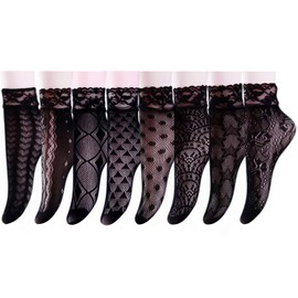 Andibeiqi Women's Fishnet Net Socks, 8 Pairs, Fishnet Socks, 1 Pair Crystal Lace Socks, Transparent Lace Stockings, Lace Socks, Gothic Summer - Black-03
