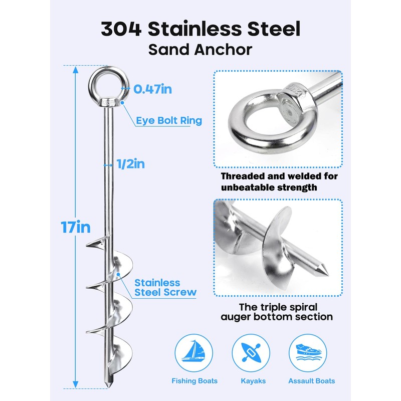 Abimars 17" Sand Anchor Kit, 304 Stainless Steel Triple Spiral