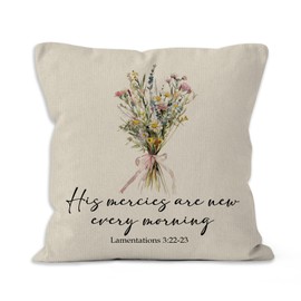 VRW Christian Floral Throw Pillow Covers 18x18, His Mercies are New Every Morning Bible Verse Wildflower Bouquet Decorative Pillow Covers for Home Bedroom, Religious Accent Pillows Cover Pillowcases