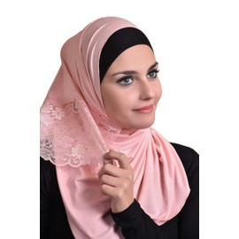 Women Floral Lace Edges Hijab Shawl Cotton Muslim Scarves Maxi Scarf Baby Pink