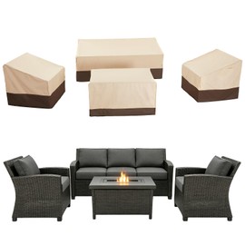 Loriano 4 Piece Patio Furniture Cover Set, Heavy Duty 600D Oxford Outdoor Sofa Chair and Gas Fire Pit Table Cover Combo, 100% Waterproof, Windproof & Tear-Resistant Lawn Furniture Covers, Beige