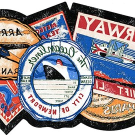 CONCORD WALLCOVERINGS ™ Wallpaper Border Retro Pattern Post Cards Trains Ships Airplanes, Die Cut Edge for Boy's Room Home Gym Living Room, Blue Black Red White, 15 Feet by 8 Inches NM6795B