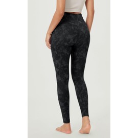 ODODOS Women's Cross Waist Full Length Yoga Leggings with Inner Pocket, Inseam 28" Gathered Crossover Workout Yoga Pants, Tie Dye Smoke Ink, Medium