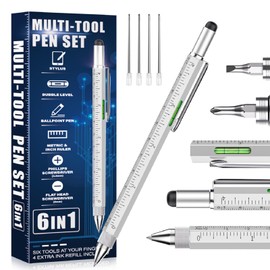 Cool Gifts For Men Woman, 6 IN 1 Multitool Pen For Him Father Grandpa Husband Boyfriend, Unique Multi Tool Gadget Stocking Stuffers Gifts From Daughter Wife Son (Silver)