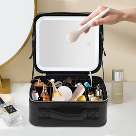 Gdrasuya10 Makeup Travel Train Case with Lighted Mirror 3 Colors Adjustable Brightness Cosmetic Bag Professional Makeup Storage Box Portable Detachable Partition Makeup Case(Black&White/Small)