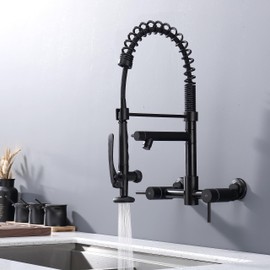 Pirooso Wall Mount Kitchen Faucet, 8 Inch Center Wall Mount Faucet with Pre-Rinse Sprayer and Pot Filler, High Arch Spring 2 Handle Commercial Kitchen Faucet Black