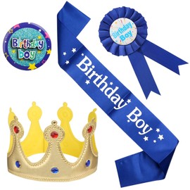 GOTRUST Birthday Boy Sash Boy Set, 4 Pieces Birthday King Crown and Sash Badge Set, Boys Birthday King Crown Decoration for Birthday Children Party Accessories Decoration