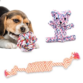 SunGrow Cotton Rope Knot Puppy Chews, 4.5” Tough Teething Chewable Teddy Bear, 2.5” Rope Ball and, 12” Durable Oral Chew Rope, Handwoven for Small Breeds Dog, Massage Teeth, Gums, Random Color, 3 Pcs