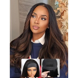 Nadula Yaki Straight Glueless Headband Wig Human Hair Balayage Brown Upgraded Headband Wigs with Invisible Drawstring, Highlight Ombre Straight Glueless Wig No Lace No Glue Beginner Friendly 18inch