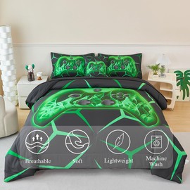 ZSYAYAHA 6 Pieces Boys Bedding Set Full Size Black and Green Game Console Comforter Set for Kids 3D Gamepad Bed in A Bag Sets Microfiber Games Bed Set for Teens Boys Girls(Green, Full)