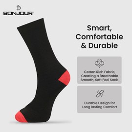 Bonjour Mens Socks (12 pairs) Cotton Rich, Comfortable, Breathable, Designer Mens Socks (Colour Heel & Toe)