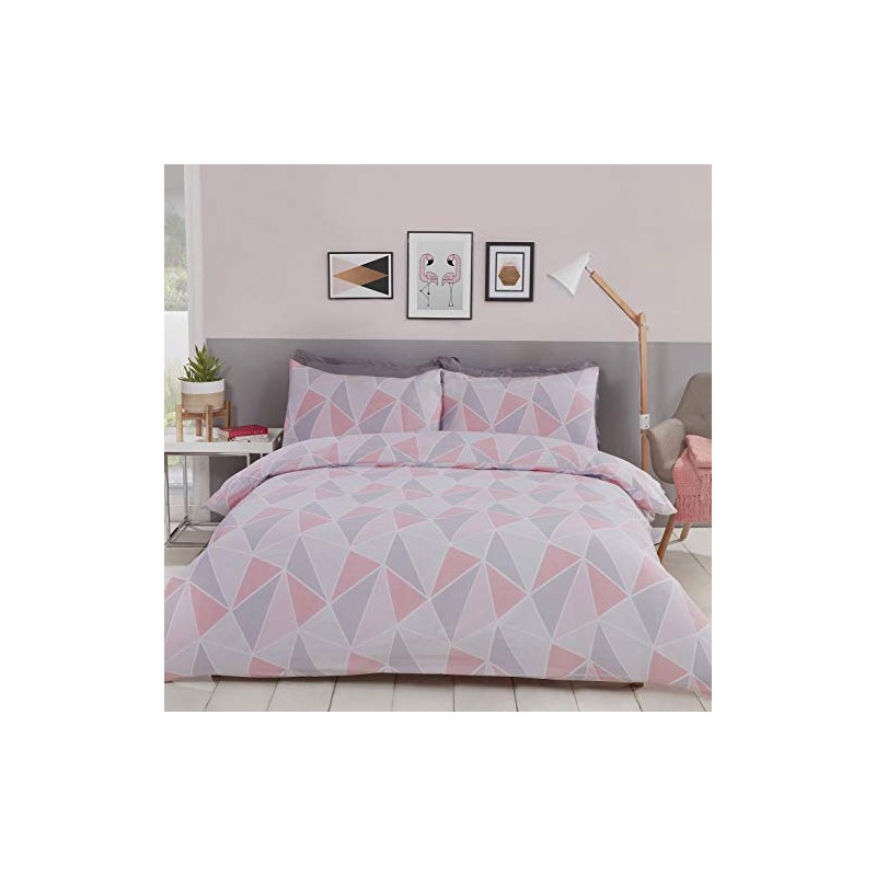 MyHome Geometric Single Duvet Quilt Cover Bedding Set Pink/Grey, 1x