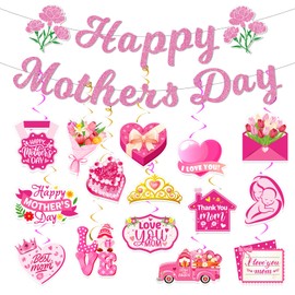 Mother’s Day Decorations Set – Happy Mother’s Day Banner with Floral Garland, Hanging Swirls, and Heart & Flower Cutouts for Mother’s Day Party, Home Décor, and Photo Backdrop