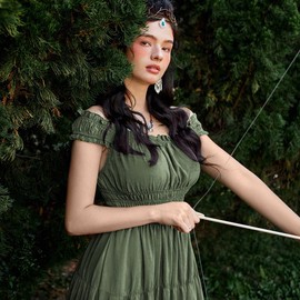 SCARLET DARKNESS Women's Medieval Renaissance Dress Elastic High Waist Long Dress, olive green