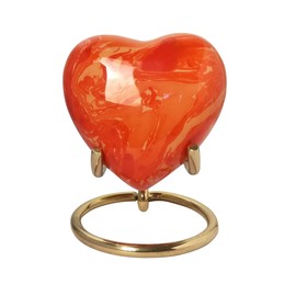Stunning Metal Heart Urn for Ashes Keepsake Human Pet Cremation Love Memorial Small Mini 3" + Stand Presentation Box & Bag (Orange)