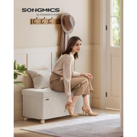 SONGMICS Storage Ottoman Bench, Folding Storage Chest, 15 x 30 x 15.2 Inches, Foot Rest Stool, 20 Gal. (77 L), Velvet Surface, for Bedroom, Entryway, Living Room, Cappuccino Beige ULSF0517W02